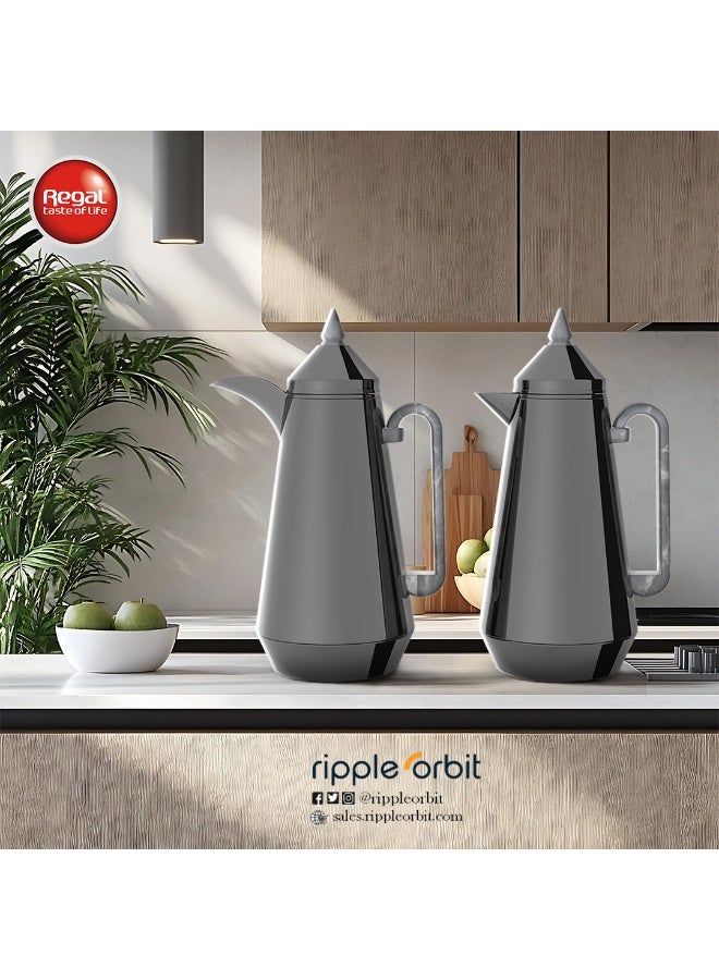 طقم ترامس ريجال من ريبل (2 × 1 لتر)، جسم ستانلس ستيل مزدوج الجدار مع بطانة زجاجية، عزل حراري للمشروبات الساخنة والباردة، مانع للتسرب، للقهوة العربية والشاي